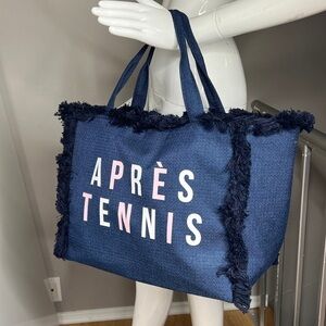 Stealing Underwear Apres Tennis Fringe Large Tote Bag Navy Blue Linen Cotton
